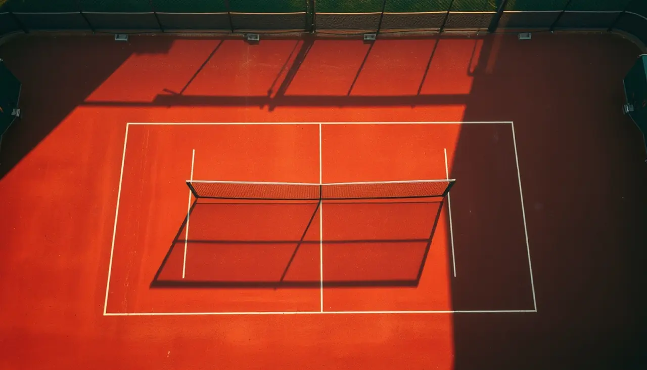 Cancha de polvo de ladrillo vista desde arriba al atardecer, con la sombra de la red cruzando el court